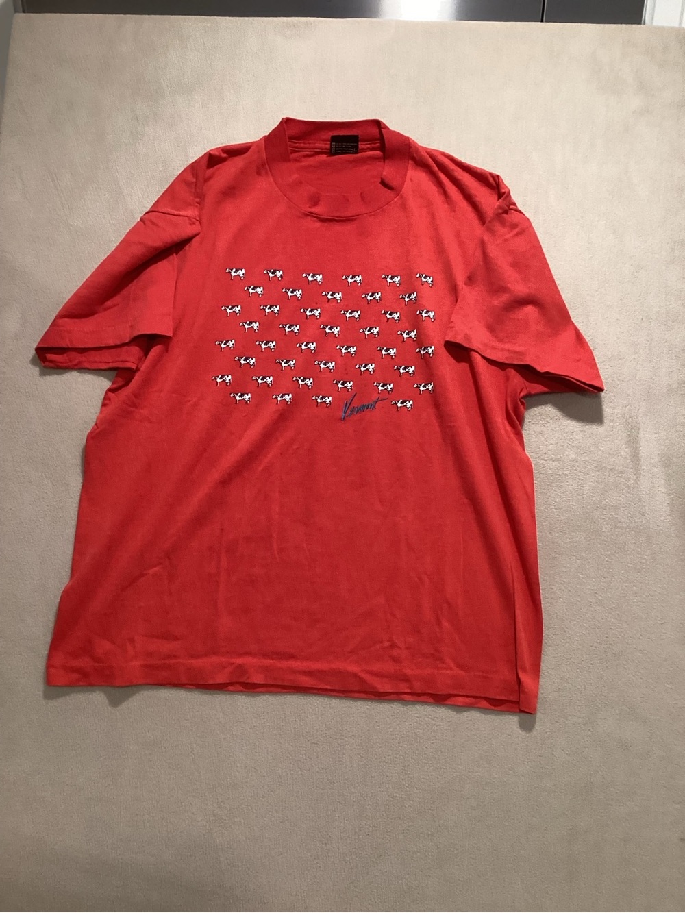 Screen Stars Red Short Sleeve Tee with Repeating Cow Graphic